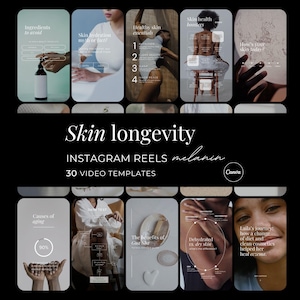 Reels de Instagram sobre melanina y longevidad de la piel, videos para redes sociales sobre envejecimiento lento, plantillas de Canva para el bienestar de mujeres negras y belleza ecológica