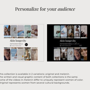 Op de afbeelding: Een digitale productweergave met twee sets van 30 Instagram Reels videosjablonen getiteld Skin longevity. De linker set heeft een lichte achtergrond en de rechter set een donkere achtergrond. Beide bevatten een Canva-logo en tekstlabels.