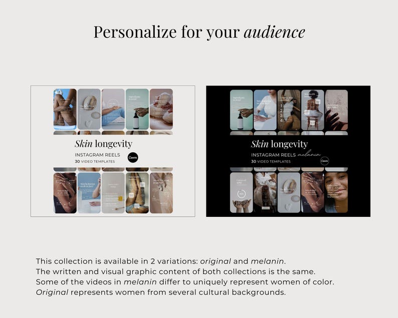 Op de afbeelding: Een digitale productweergave met twee sets van 30 Instagram Reels videosjablonen getiteld Skin longevity. De linker set heeft een lichte achtergrond en de rechter set een donkere achtergrond. Beide bevatten een Canva-logo en tekstlabels.