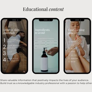 Op de afbeelding: Drie smartphoneschermen met educatieve inhoud over huidverzorging. De eerste toont essenti&euml;le zaken voor een gezonde huid, de tweede somt ingredi&euml;nten op om te vermijden bij een pompflacon, en de derde schetst een avondroutine met een checklist.