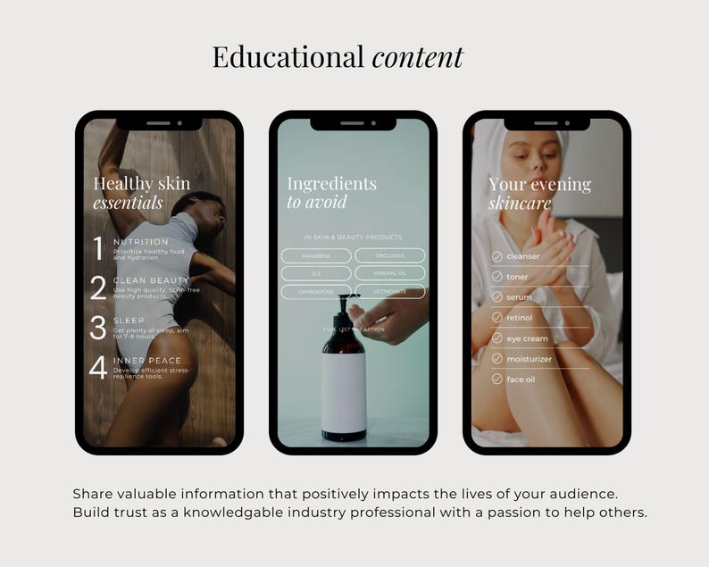 Op de afbeelding: Drie smartphoneschermen met educatieve inhoud over huidverzorging. De eerste toont essenti&euml;le zaken voor een gezonde huid, de tweede somt ingredi&euml;nten op om te vermijden bij een pompflacon, en de derde schetst een avondroutine met een checklist.