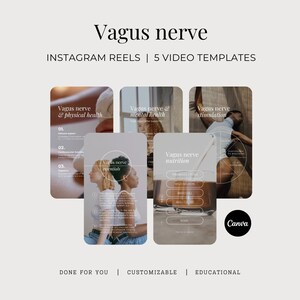 May include: A set of five digital Instagram Reels video templates titled Vagus nerve, featuring educational content about physical health, mental health, stimulation, essentials, and nutrition, with a Canva logo and customizable layout.