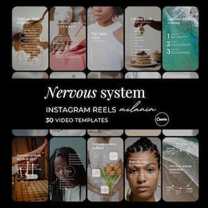 Pode incluir: Uma coleção de 30 modelos de vídeo para Instagram Reels intitulados Nervous system, apresentando vários layouts com sobreposições de texto, imagens fotográficas de pessoas, comida e natureza, e um logotipo do Canva para redes sociais.