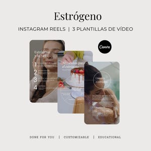 May include: A digital graphic with the word "Estrógeno" at the top, followed by "INSTAGRAM REELS | 3 PLANTILLAS DE VÍDEO." Three image templates are displayed, each with text and graphics related to estrogen and skincare. The Canva logo is visible.