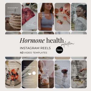 Könnte beinhalten: Eine Sammlung von 40 Instagram Reels Videovorlagen mit dem Titel Hormone health selection, die verschiedene Lifestyle-Bilder wie Essen, Sport und Wellness mit überlagertem Text und Grafiken für die Erstellung von Bildungsinhalten zeigen.