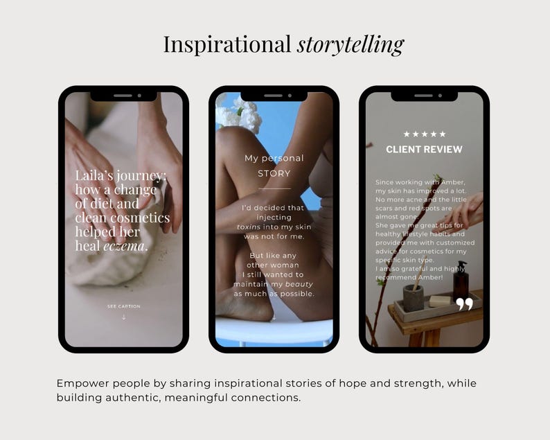 Op de afbeelding: Drie smartphoneschermen met social media content. De eerste toont tekst over Laila's reis met eczeem. De tweede bevat een persoonlijk verhaal over huidverzorging. De derde toont een klantbeoordeling met vijf sterren en tekst over huidverbetering.