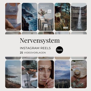May include: A collection of Instagram Reels templates with the title "Nervensystem" and the Canva logo. The templates feature various images and text overlays, including scenic landscapes, illustrations, and text related to the nervous system.