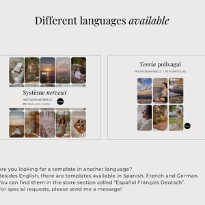May include: A digital product display featuring two sets of Instagram Reels templates. The left set is titled Syst&egrave;me nerveux with 25 video templates, and the right set is titled Teor&iacute;a polivagal with 10 templates, both showcasing various lifestyle imagery.
