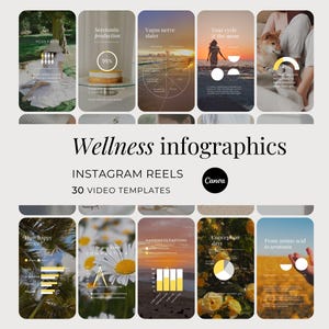 Könnte beinhalten: Eine Sammlung von 30 digitalen Wellness-Infografik-Videovorlagen für Instagram Reels, die verschiedene Layouts mit Text, Diagrammen und Bildern enthalten. Die Vorlagen umfassen Themen wie Serotoninproduktion, Vagusnerv und Zyklus.