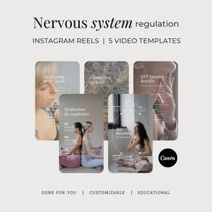 May include: A set of five digital Instagram Reels video templates for nervous system regulation. The templates feature text overlays including 6x calming breathwork, Grounding exercise, EFT tapping benefits, Meditation for regulation, and Box breathing.