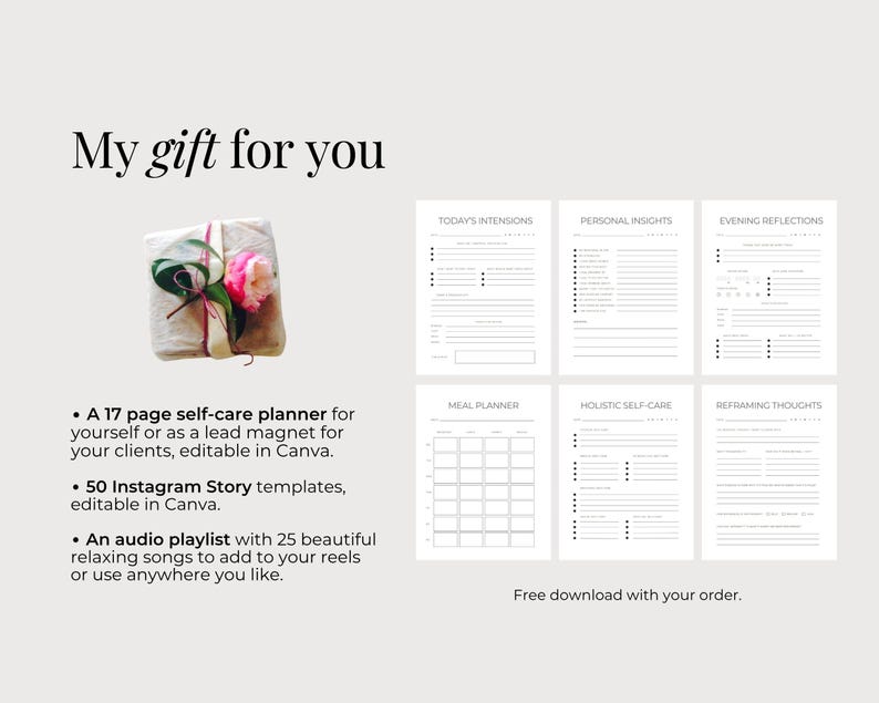May include: A digital self-care planner set featuring six pages titled Today's Intentions, Personal Insights, Evening Reflections, Meal Planner, Holistic Self-Care, and Reframing Thoughts, alongside a gift-wrapped package with a pink flower.
