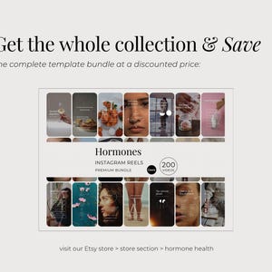May include: A digital template bundle for Instagram Reels titled Hormones, featuring 200 video templates. The display shows a grid of various lifestyle and health-related imagery with text overlays, organized in a promotional layout for social media.