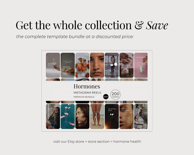 May include: A digital template bundle for Instagram Reels titled Hormones, featuring 200 video templates. The display shows a grid of various lifestyle and health-related imagery with text overlays, organized in a promotional layout for social media.