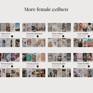 Op de afbeelding: Een digitale collectie Instagram Reels-sjablonen getiteld More female wellness, met acht categorie&euml;n waaronder Vagus nerve, Endocrine disruptors, Sleep wellness, Cycle syncing, Perimenopause, Nervous system, Menstrual health en Female fertility.
