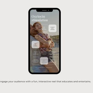 May include: A smartphone screen displaying an infographic titled Oxytocin stimulation. The interface features a grid of interactive buttons with text prompts like Connect with friends, Fall in love, and Get intimate with your love over a photo background.