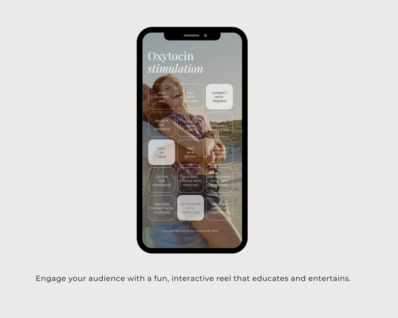 May include: A smartphone screen displaying an infographic titled Oxytocin stimulation. The interface features a grid of interactive buttons with text prompts like Connect with friends, Fall in love, and Get intimate with your love over a photo background.