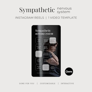 Puede incluir: Una plantilla de video digital para Instagram Reels titulada Sympathetic nervous system. El gráfico presenta un fondo oscuro con una cuadrícula de cuadros de texto que detallan respuestas fisiológicas, sobre una foto de perfil.