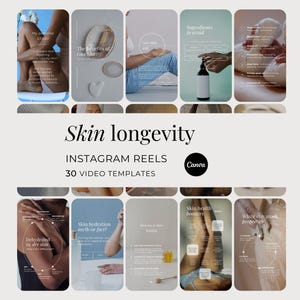 Op de afbeelding: Een verzameling van dertig digitale Instagram reel-videosjablonen getiteld Skin longevity, met diverse lay-outs rond huidverzorging, tekstoverlays, neutrale kleurenpaletten en afbeeldingen van huidverzorgingsproducten, tools en gezondheid.