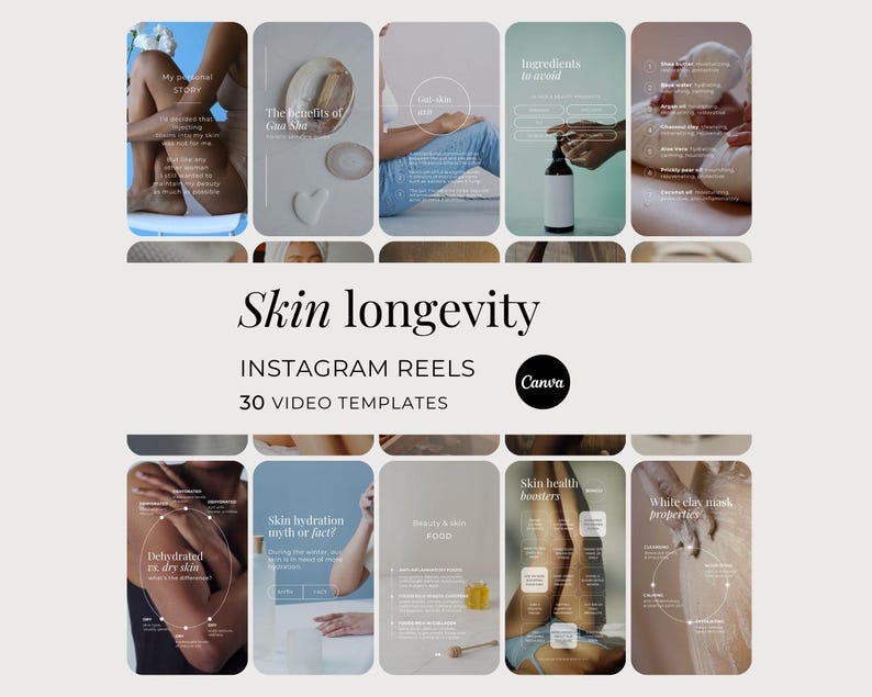 Op de afbeelding: Een verzameling van dertig digitale Instagram reel-videosjablonen getiteld Skin longevity, met diverse lay-outs rond huidverzorging, tekstoverlays, neutrale kleurenpaletten en afbeeldingen van huidverzorgingsproducten, tools en gezondheid.