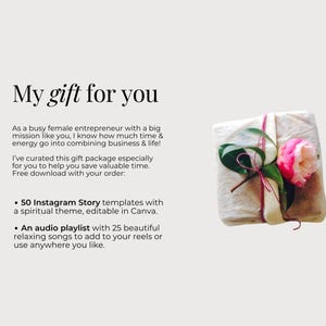 Op de afbeelding: Een vierkant cadeaupakket verpakt in lichtgekleurd papier, vastgebonden met een dun roze touwtje en versierd met een roze bloem en groene bladeren. De tekst luidt: My gift for you, 50 Instagram Story templates with a spiritual theme en een audio-afspeellijst.