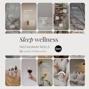 May include: A collection of Instagram Reels templates with a sleep wellness theme. The templates feature soft, neutral tones and include text overlays with phrases like "Sleep enhancers" and "Beauty sleep is real." The Canva logo is also visible.