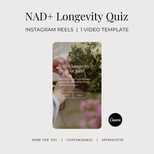 Può includere: Un modello digitale per Instagram Reels con il testo "NAD+ Longevity Quiz". L'immagine presenta uno schermo del telefono con il testo: "NAD longevità mito o realtà?" e "La nutrizione e l'integrazione sono le uniche cose che influenzano i NAD."