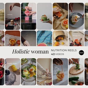 Op de afbeelding: Een verzameling van veertig digitale videosjablonen voor sociale media met diverse scènes van eten en drinken, waaronder pannenkoeken, smoothies, verse producten en gezonde maaltijden, met tekst zoals Holistic woman en NUTRITION REELS.