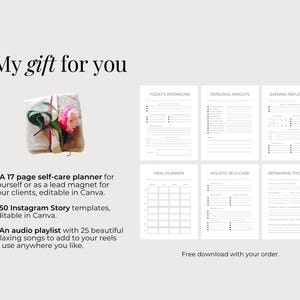 May include: A digital self-care planner set featuring six pages titled Today's Intentions, Personal Insights, Evening Reflections, Meal Planner, Holistic Self-Care, and Reframing Thoughts, alongside a gift-wrapped package with a pink flower.