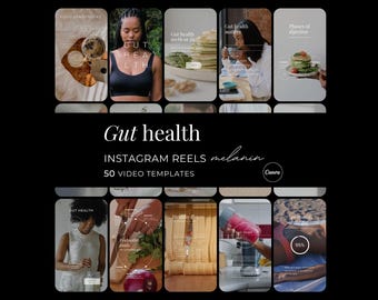 May include: A collection of 50 Instagram video templates for gut health, featuring various layouts with text overlays like Gut health, Food sensitivities, and Phases of digestion, showcasing imagery of food, wellness, and lifestyle content.