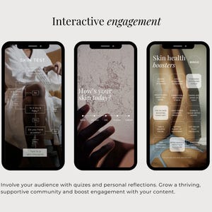 Op de afbeelding: Drie smartphoneschermen met interactieve inhoud. De eerste toont een stroomdiagram voor een huidtest. De tweede vraagt, How's your skin today? met een schaal. De derde toont een bingokaart voor huidgezondheidsboosters met diverse taken.