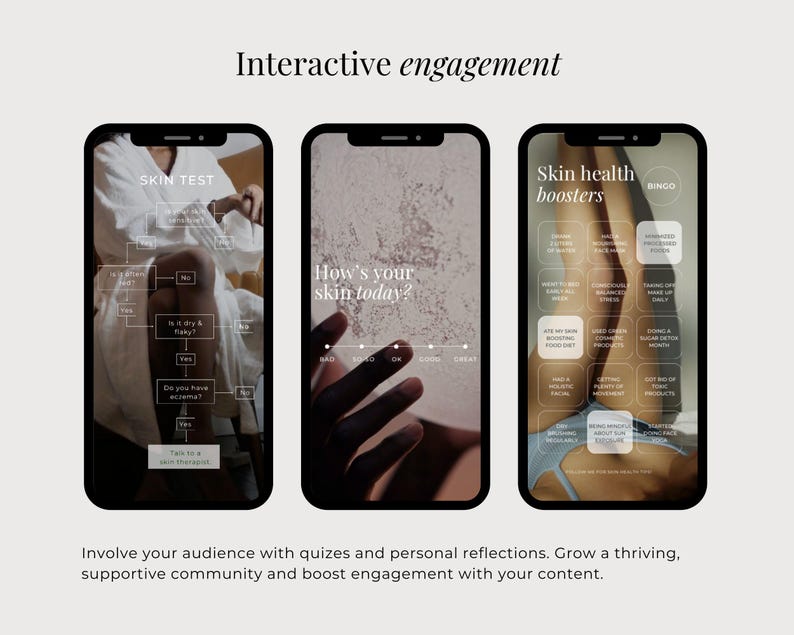 Op de afbeelding: Drie smartphoneschermen met interactieve inhoud. De eerste toont een stroomdiagram voor een huidtest. De tweede vraagt, How's your skin today? met een schaal. De derde toont een bingokaart voor huidgezondheidsboosters met diverse taken.
