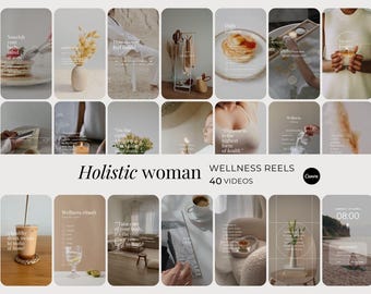 May include: A collection of forty digital video templates for social media featuring a neutral colour palette. The images display various wellness scenes including pancakes, candles, dried flowers, interior spaces, and text overlays.