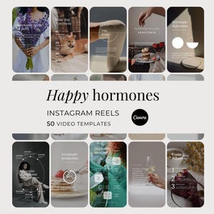 Könnte beinhalten: Eine Sammlung von 50 Instagram Reels Videovorlagen mit dem Titel Happy Hormones, die verschiedene ästhetische Lifestyle-Bilder wie Blumen, einen Hund, Yoga, Essen und Textüberlagerungen über Serotonin- und Dopaminproduktion zeigen.