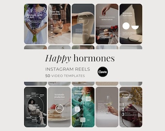 May include: A collection of 50 Instagram Reels video templates titled Happy Hormones, featuring various aesthetic lifestyle imagery including flowers, a dog, yoga, food, and text overlays detailing serotonin and dopamine production facts.