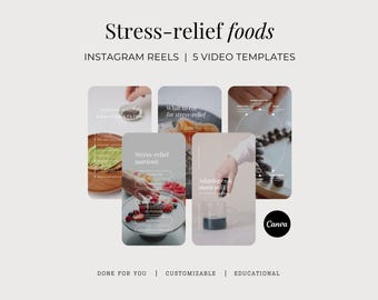 May include: A set of five digital video templates for Instagram Reels titled Stress-relief foods. The templates feature various food-related imagery, including avocado toast, berries, and beverages, with overlaid text such as Stress-relief nutrients and Adaptogenic moon milk.