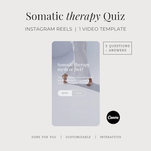 Puede incluir: Una plantilla digital para un Instagram Reel titulada Somatic therapy Quiz. El diseño incluye el texto Somatic therapy myth or fact, 3 questions + answers y un botón etiquetado como MYTH. El diseño es personalizable e interactivo.