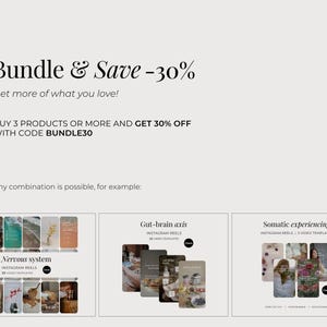 Op de afbeelding: Een digitale afbeelding met de tekst Bundle & Save -30% en Get more of what you love! Het bevat de instructie BUY 3 PRODUCTS OR MORE AND GET 30% OFF WITH CODE BUNDLE30, gevolgd door drie sets met sjablonen voor Instagram-reels.