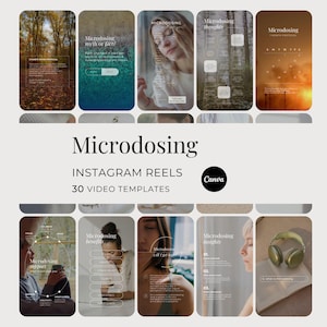 Peut inclure: Image promotionnelle pour des modèles de Reels Instagram. L'image présente plusieurs maquettes de stories Instagram avec le mot "Microdosing" et du texte associé. Les modèles sont conçus avec une palette de couleurs neutres et incluent des images et du texte.