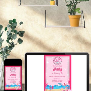 May include: A pink Barbie-themed birthday invitation displayed on a laptop and smartphone. The invitation features the text "You're invited! Karly is turning 8" with beach-themed graphics. The laptop and phone are on a wooden surface.