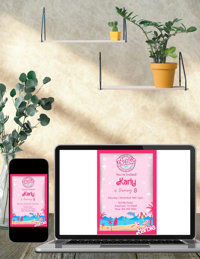 May include: A pink Barbie-themed birthday invitation displayed on a laptop and smartphone. The invitation features the text "You're invited! Karly is turning 8" with beach-themed graphics. The laptop and phone are on a wooden surface.