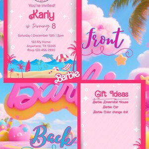 May include: Pink Barbie-themed birthday party invitation with text: "You're invited! Karly is turning 8." Includes date, time, and RSVP information. Features beach scene graphics and the Barbie logo. Gift ideas are listed.