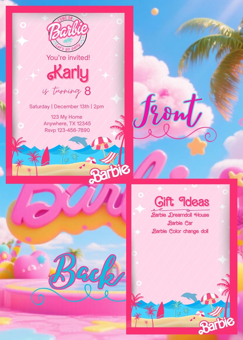 May include: Pink Barbie-themed birthday party invitation with text: "You're invited! Karly is turning 8." Includes date, time, and RSVP information. Features beach scene graphics and the Barbie logo. Gift ideas are listed.