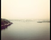 Along the Canal, Water, Harbor,  Ocean, Square, White, Green, Cream, Peach, Fog, Boats, dreamy,photograph, 5x5