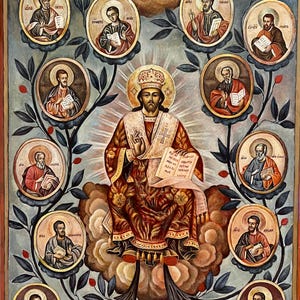 May include: A religious icon featuring a central figure in a crown, surrounded by smaller portraits within circular frames. The artwork is rich in color, with a detailed depiction of figures and text, set against a backdrop of stylized clouds and foliage.