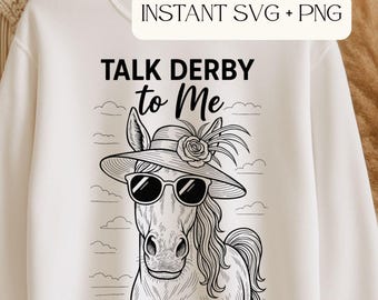 Talk Derby to Me SVG | Funny Horse Derby Hat Cut File | Kentucky Derby Shirt Design | Black Outline Farm Animal SVG for Cricut & Silhouette