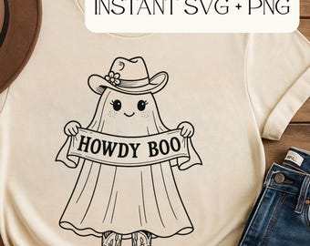 Howdy Boo Ghost SVG, Cute Cowgirl Halloween Ghost Clipart, Black Outline Western Ghost, Cowboy Boots Hat, Cricut Sublimation PNG