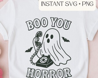Boo You Horror SVG, Funny Halloween Ghost Clipart, Black Outline Retro Ghost on Phone, Spooky Cricut File, Halloween PNG Cut File