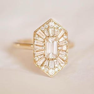 Hexagon Shape 1.0 Ct Emerald Cut Moissanite Ballerina Diamond Mosaic Ring, Baguette Halo Engagement Ring, Wedding Ring, Starburst Gold Ring