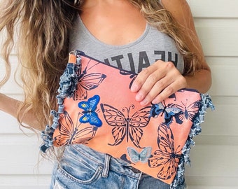 Orange Denim Butterfly Stenciled and Butterfly Patches Clutch Bag. Soft Denim.