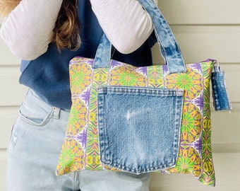 Boho Sunburst Yellow Colors Handbag with Denim Upcycled.  Mandal Print.